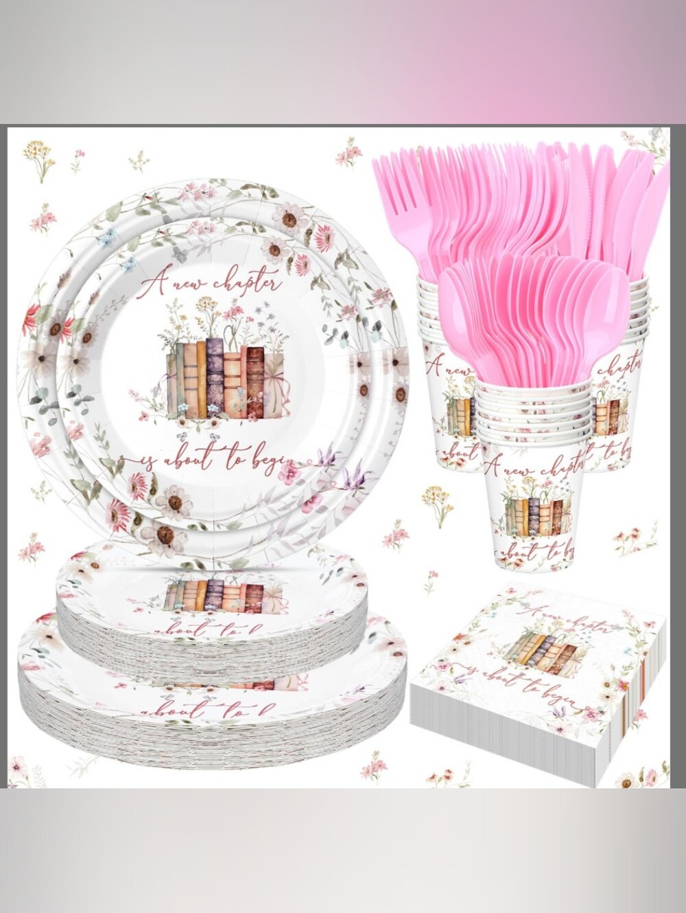 Floral Bookstack Party Paper Plate & Cup Set with Pink Cutlery - A New Chapter